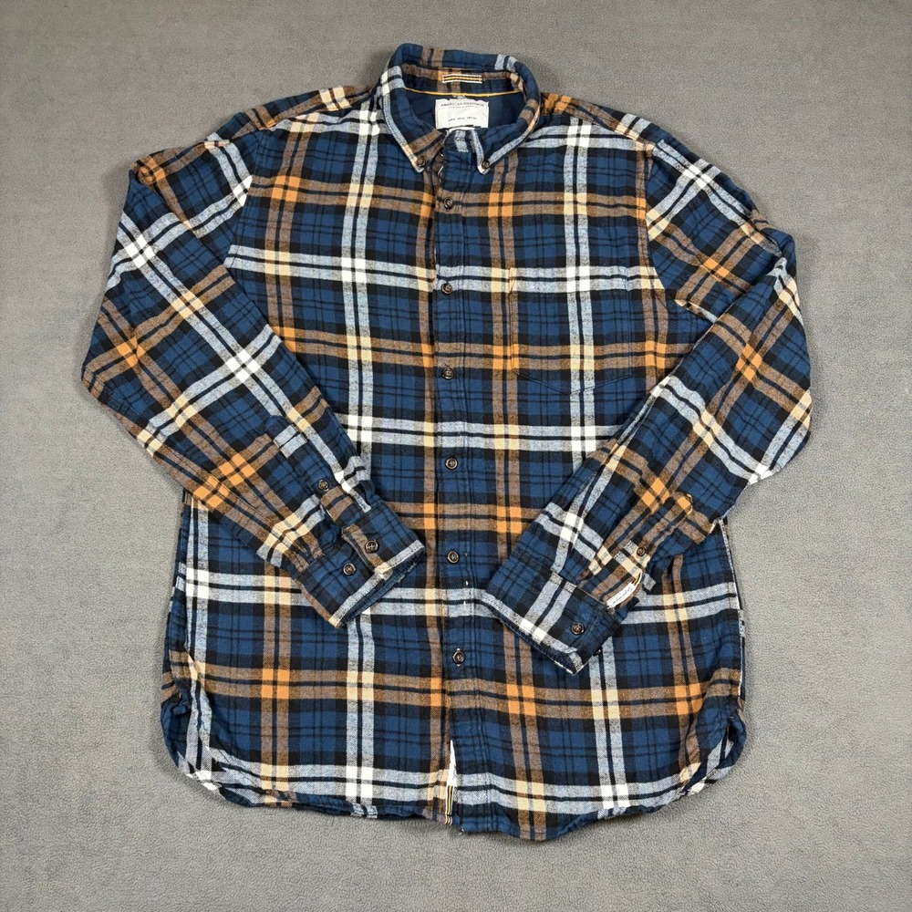 American Heritage Button Down Shirt Men Medium Blue Plaid SlimFit Cotton Flannel